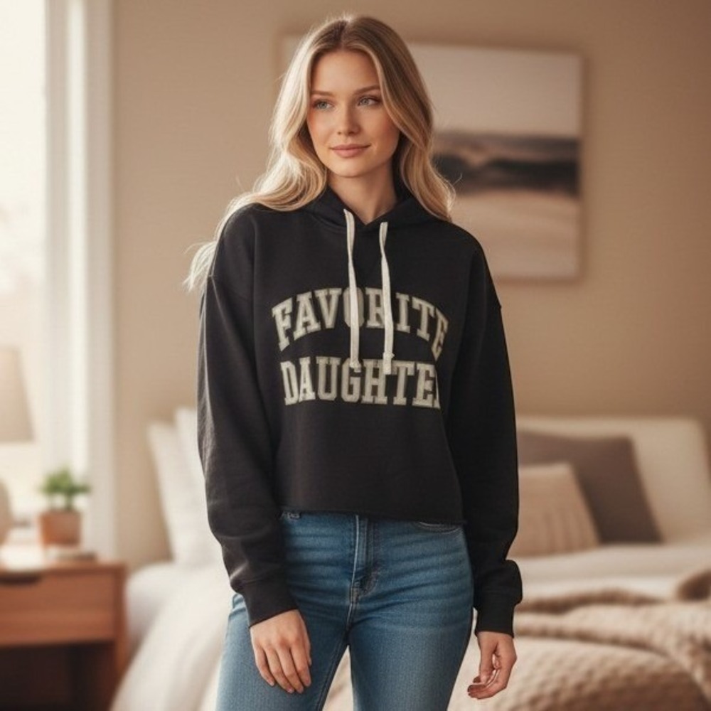 Favorite Daughter Hoodie Small Black Cropped Graphic Sweatshirt Pullover